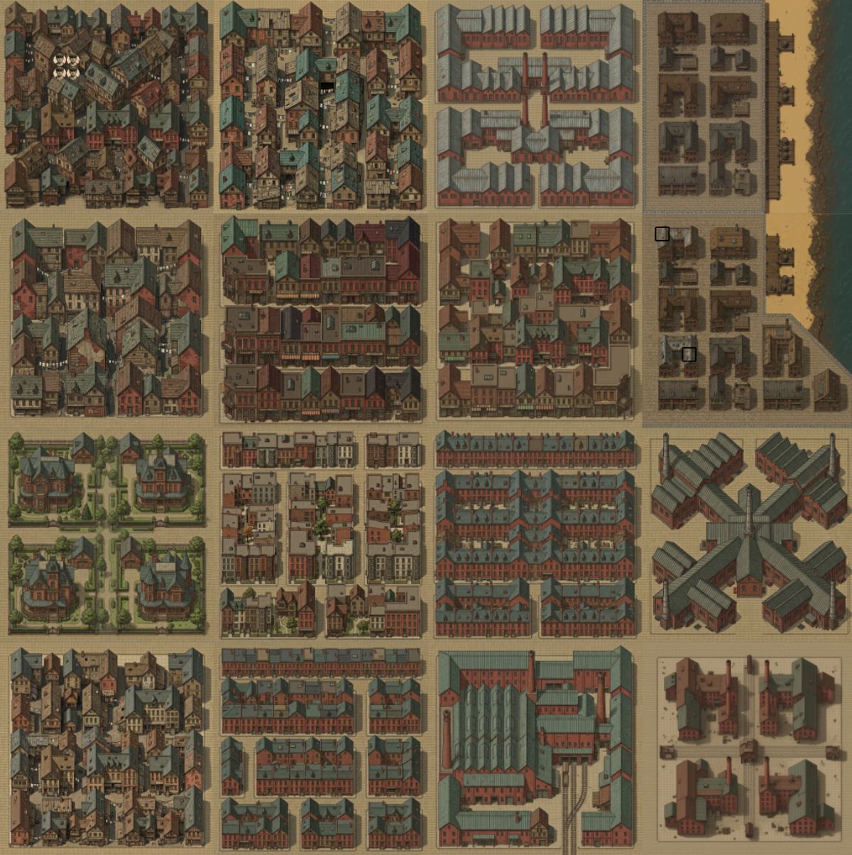 Top-down city map showing dozens of hand-painted building tiles across multiple districts