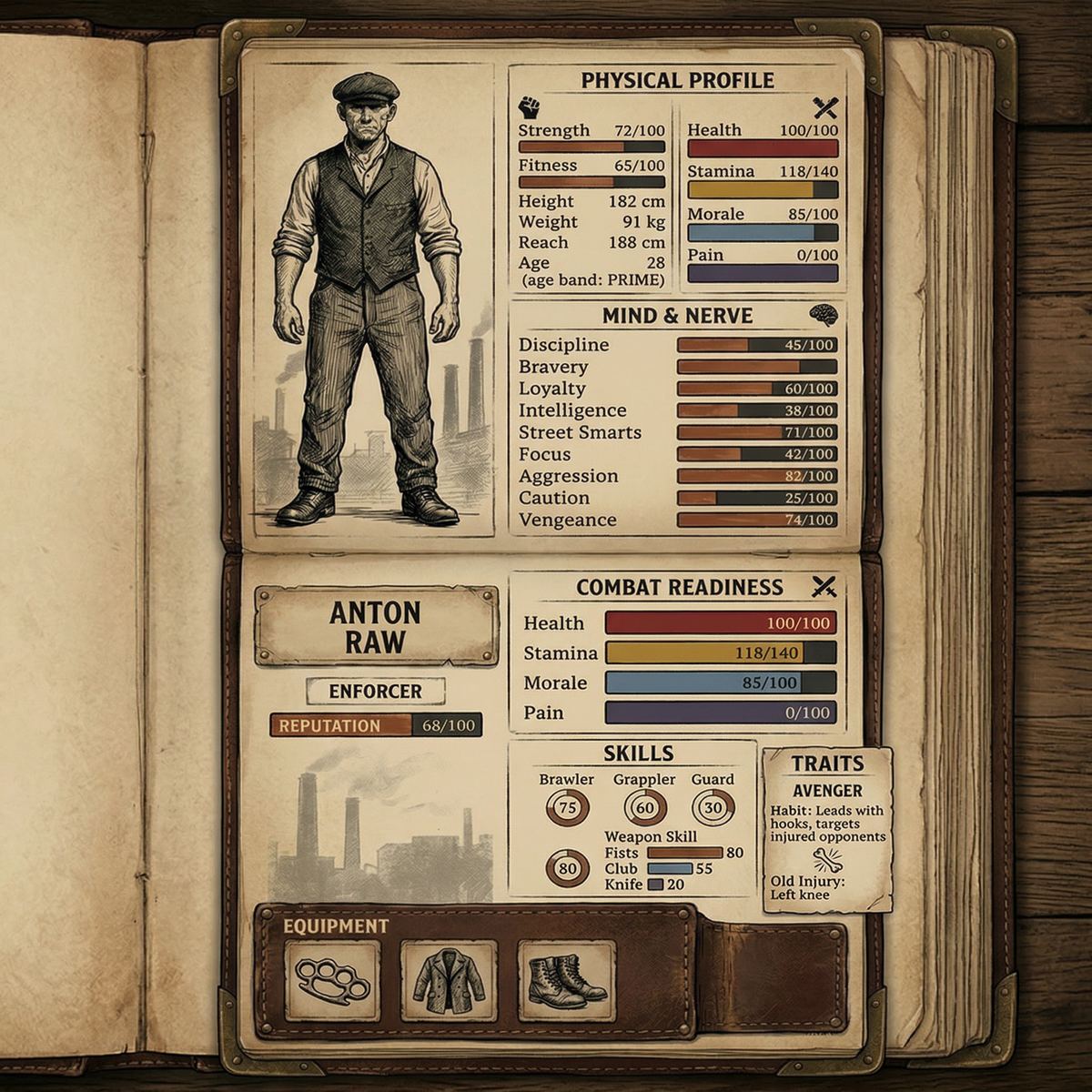 Fighter profile UI showing physical stats, mental attributes, combat readiness, skills, traits, and equipment on an aged paper backdrop