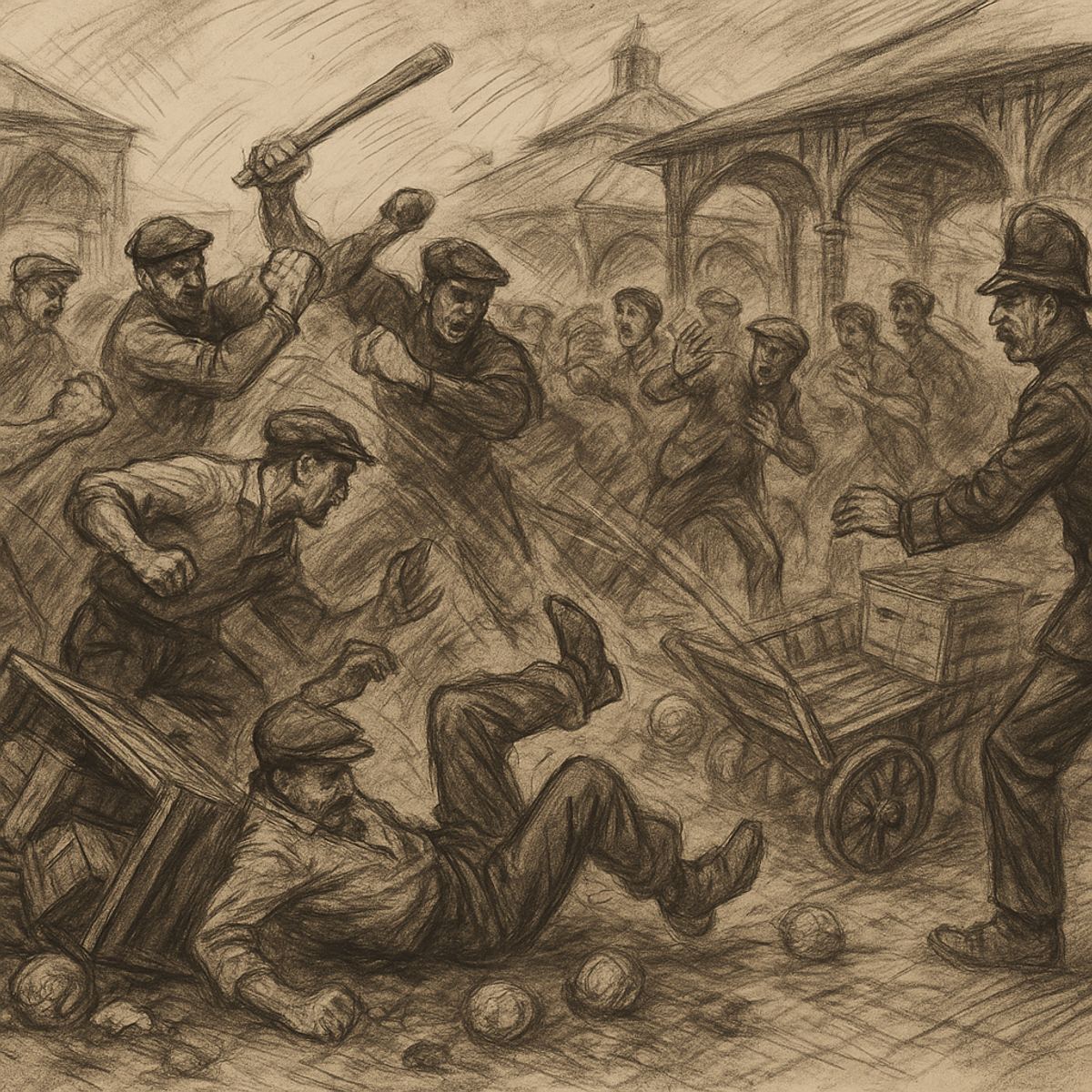 Charcoal illustration of a chaotic market brawl,gang members fighting with bats and fists while bystanders scatter